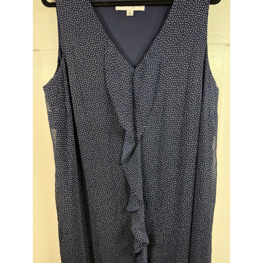 Emma & Michele Navy Blue Polka Dot Ruffle Front Sleeveless Shift Dress 2X - Picture 3 of 10